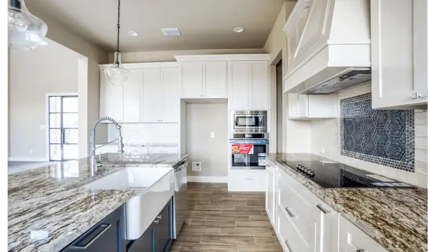 A completed kitchen in a sustainable custom home built by Key Vista Homes in San Antonio, TX.