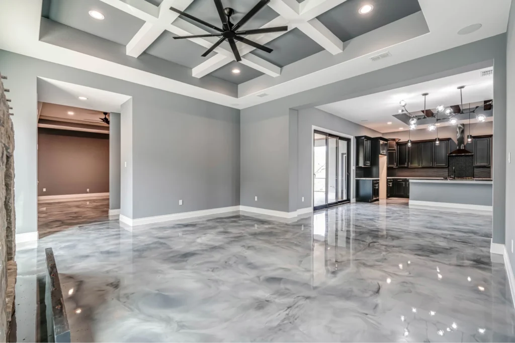 Spacious living area with glossy marble floor