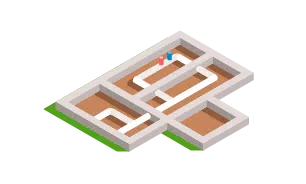 Isometric floor plan with connected pathways.