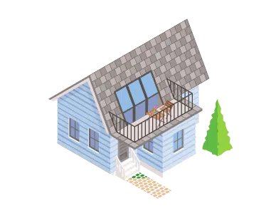 Isometric view of a finished house with a shingled roof, balcony, and exterior staircase.