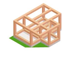 Isometric view of a wooden frame structure.