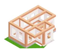 Isometric view of a wooden frame structure.