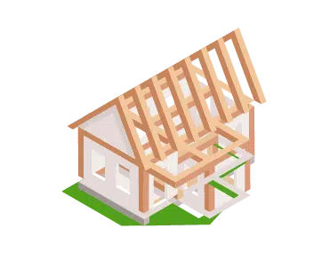 Isometric view of a partially constructed house with roof framework.