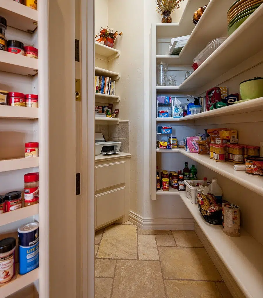 A well-organized pantry with custom shelving, emphasizing optimized storage solutions.