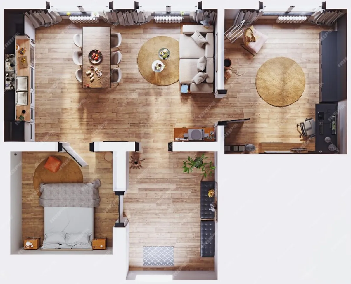 A top-down 3D rendering of a one-bedroom home with an open living, dining, and kitchen area.