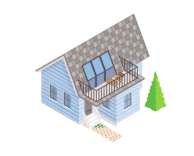 Isometric view of a finished house with a shingled roof, balcony, and exterior staircase.