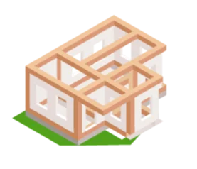 Isometric view of a wooden frame structure.