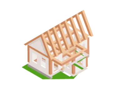 Isometric view of a partially constructed house with roof framework.
