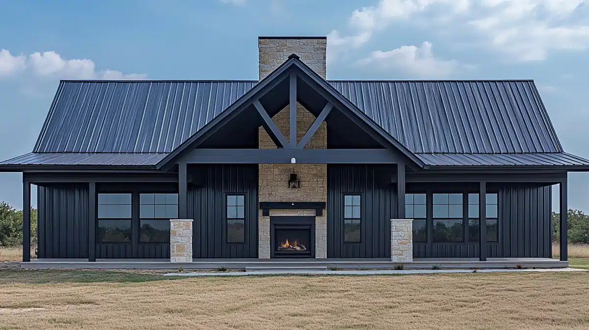 Symmetrical barndominium with stone fireplace